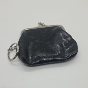 Classic Black Leather Kiss-Lock Coin Pouch Keychain